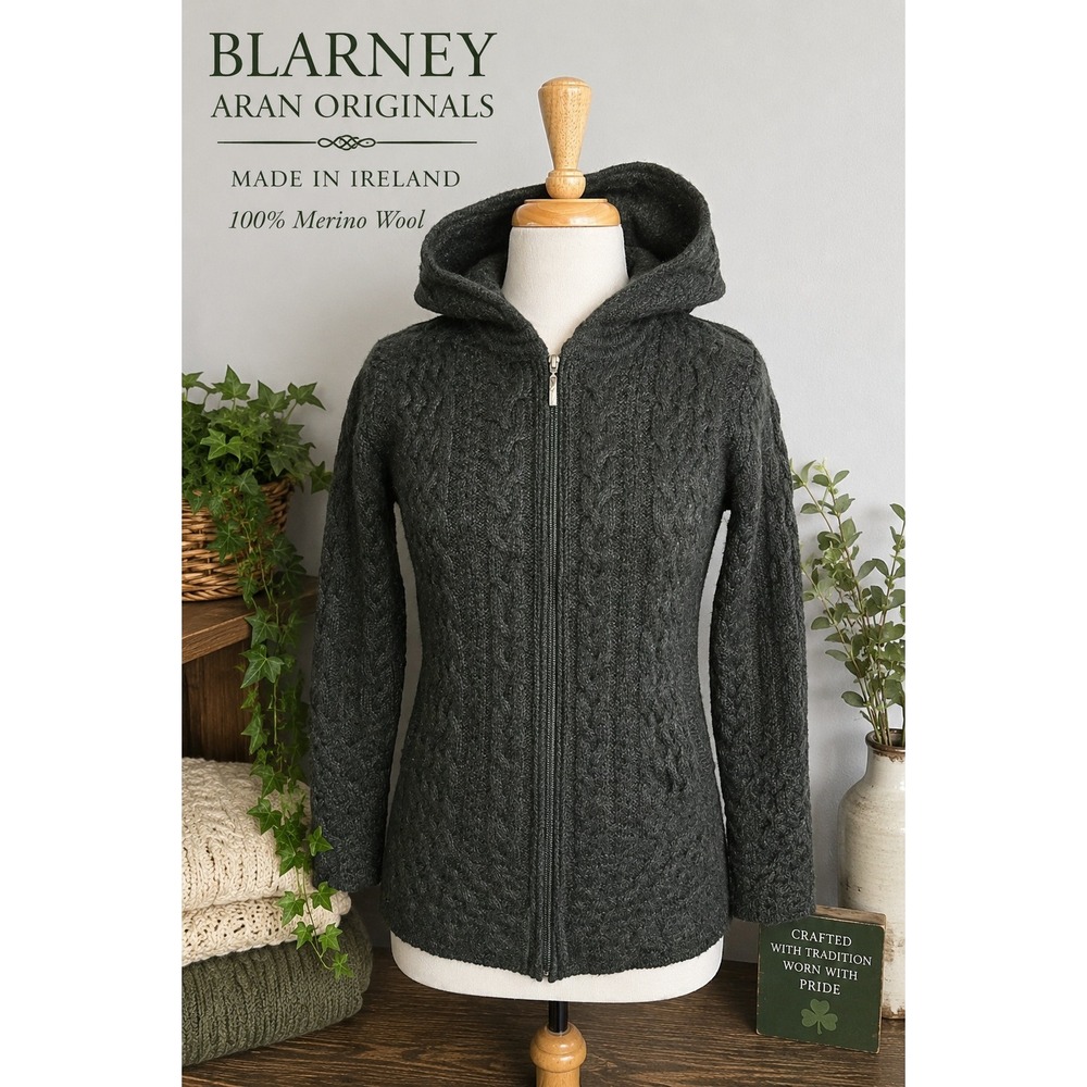 Irish Merino Wool Aran Cable Knit Hooded Zip Cardigan Sweater Ireland Small